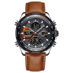 A black and silver dual-time watch with a leather strap and a digital display. Discover timezone watches: elegant branded wrist watch for men in pakistan.
