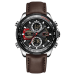 A black and silver dual-time watch with a leather strap and a digital display. Discover timezone watches: elegant branded wrist watch for men in pakistan.