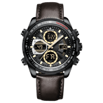 A black dual-time watch with a leather strap and a digital display. Discover timezone watches: elegant branded wrist watch for men in pakistan.