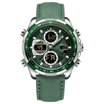 A green and silver dual-time watch with a leather strap and a digital display.