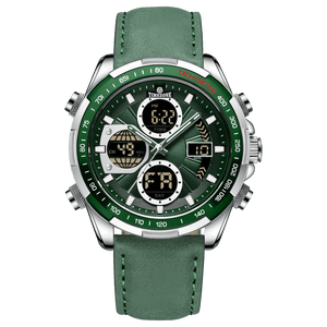 A green and silver dual-time watch with a leather strap and a digital display.