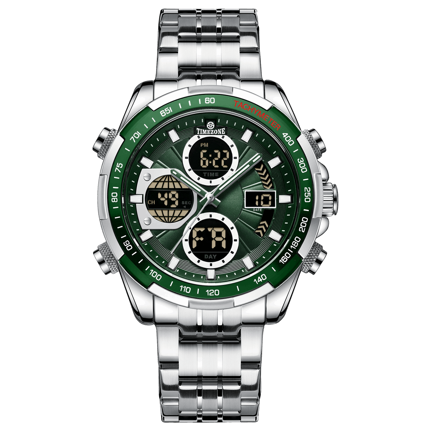 A analog watch with a stainless steel band and a silver-colored case featuring a digital display and various function buttons. Discover timezone watches: elegant branded wrist watch for men in pakistan.