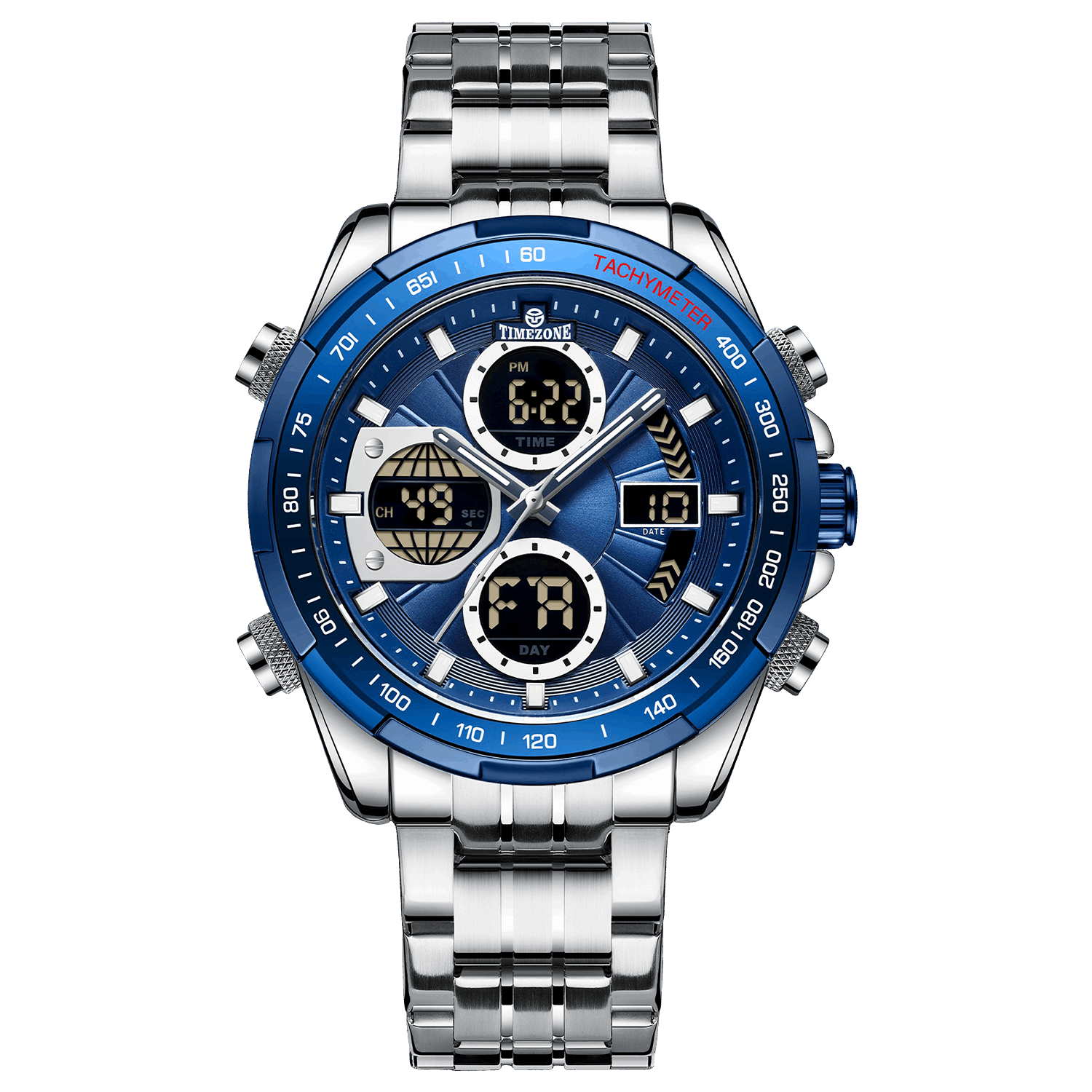 A branded timezone watches watch with a stainless steel band and a silver-colored case featuring a digital display and various function buttons. Discover timezone watches: elegant branded wrist watch for men in pakistan.