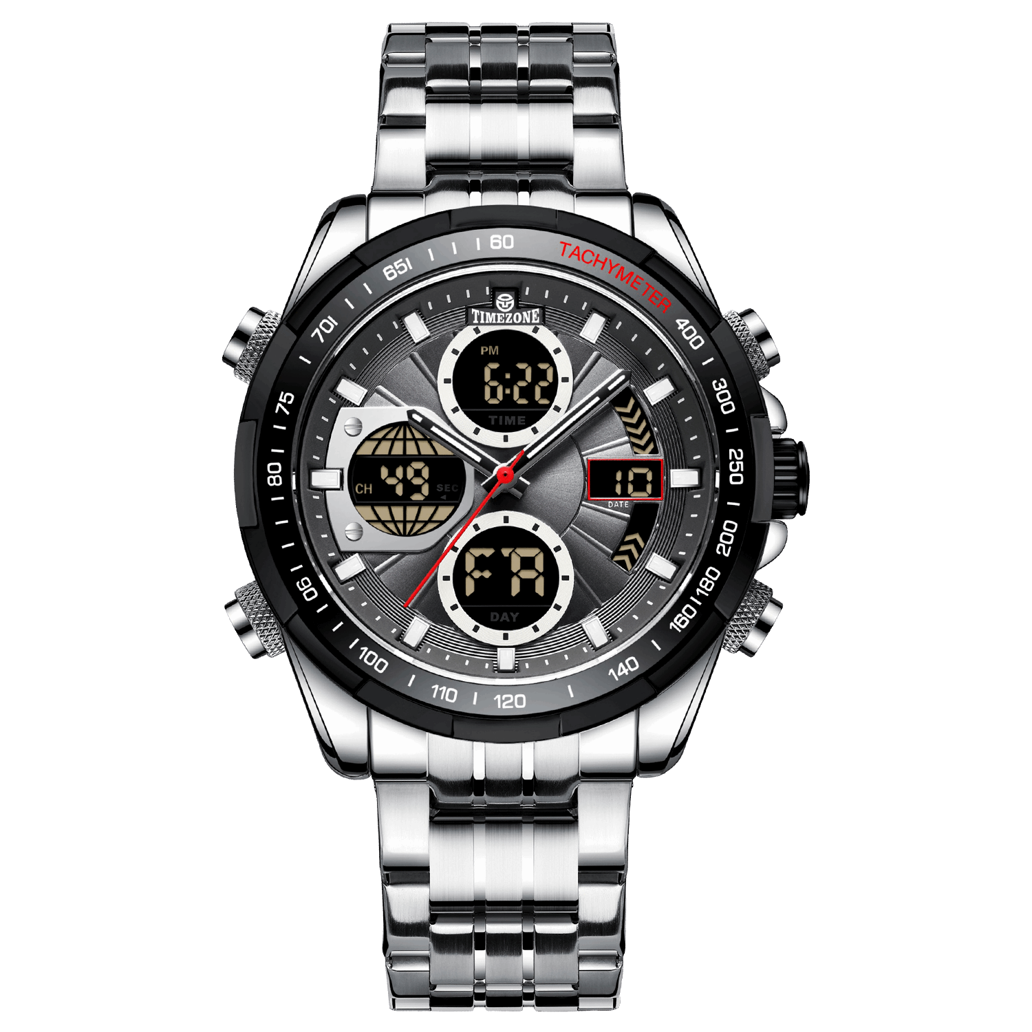 A stainless steel silver watch with a multifunctional dial including analog and digital displays, and a metallic band. Discover timezone watches: elegant branded wrist watch for men in pakistan.