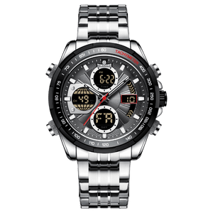 A stainless steel silver watch with a multifunctional dial including analog and digital displays, and a metallic band. Discover timezone watches: elegant branded wrist watch for men in pakistan.