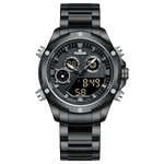 A black-colored stainless steel watch with a digital display and a traditional analog date display, featuring a textured dial and a black band. Discover timezone watches: elegant branded wrist watch for men in pakistan.