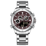 A silver-colored stainless steel watch with a digital display and a traditional analog date display, featuring a textured dial and a silver band. Discover timezone watches: elegant branded wrist watch for men in pakistan.