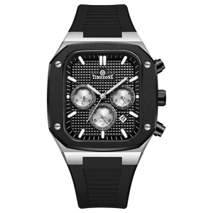 A black and silver analog watch with a silicone band and a date display. Discover timezone watches: elegant branded wrist watch for men in pakistan.