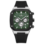 A black and green analog watch with a silicone band and a date display. Discover timezone watches: elegant branded wrist watch for men in pakistan.