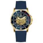 Branded wrist watch for men in pakistan. A gold-toned Monarch Prestige watch with a black leather band and a skeleton dial visible through the transparent case back.