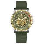 Branded wrist watch for men in pakistan. A Monarch Chrono watch with a black leather/cloth strap, silver case, gold and black dial, and red accents.