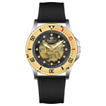 Branded wrist watch for men in pakistan. A Monarch Chrono watch with a black leather/cloth strap, silver case, gold and black dial, and red accents.