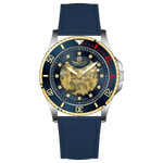 Branded wrist watch for men in pakistan. A Monarch Chrono watch with a black leather/cloth strap, silver case, gold and black dial, and red accents.