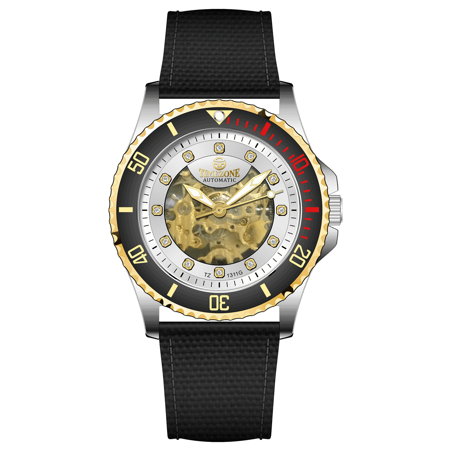 Branded wrist watch for men in pakistan. A Monarch Chrono watch with a black leather/cloth strap, silver case, gold and black dial, and red accents.