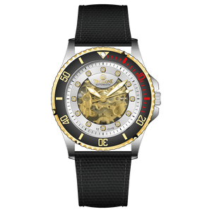 Branded wrist watch for men in pakistan. A Monarch Chrono watch with a black leather/cloth strap, silver case, gold and black dial, and red accents.
