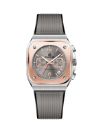 Watch with rose gold case and gray strap on white background. Branded wrist watch for men in pakistan