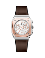 Watch with brown strap and rose gold case on white background. Branded wrist watch for men in pakistan.