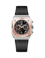 Branded watch for men with black strap and rose gold case on a white background.
