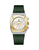 Branded wrist watch for men in pakistan with green strap and gold case on a white background.