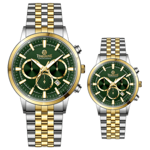 Branded couple wrist watches in pakistan. A pair of stainless steel Navitimer Aerospace watches, one with a larger dial and the other with a smaller dial, both featuring a green face, gold accents, and a two-tone band.