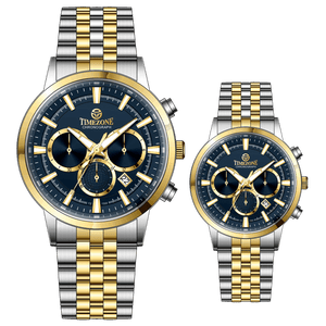 Branded couple wrist watches in pakistan. A pair of stainless steel Navitimer Aerospace watches, one with a larger dial and the other with a smaller dial, both featuring a green face, gold accents, and a two-tone band.