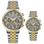 Branded couple wrist watches in pakistan. A pair of stainless steel Navitimer Aerospace watches, one with a larger dial and the other with a smaller dial, both featuring a green face, gold accents, and a two-tone band.