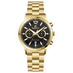 Branded wrist watch for men in pakistan. A gold-colored stainless steel watch with a chronograph function and a band material of the same material.