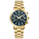 Branded wrist watch for men in pakistan. A gold-colored stainless steel watch with a chronograph function and a band material of the same material.