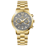 Branded wrist watch for men in pakistan. A gold-colored stainless steel watch with a chronograph function and a band material of the same material.