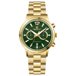 Branded wrist watch for men in pakistan. A gold-colored stainless steel watch with a chronograph function and a band material of the same material.