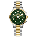 Branded wrist watch for men in pakistan. A silver and gold Monarch Chrono watch with a two-tone stainless steel band and a round dial.