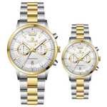 Branded wrist watch for men in pakistan. A pair of stainless steel watches with gold accents, one larger with chronograph and quartz movement, and a smaller one possibly for children or women with a similar design.