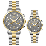 Branded wrist watch for men in pakistan. A pair of stainless steel watches with gold accents, one larger with chronograph and quartz movement, and a smaller one possibly for children or women with a similar design.