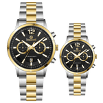 Branded wrist watch for men in pakistan. A pair of stainless steel watches with gold accents, one larger with chronograph and quartz movement, and a smaller one possibly for children or women with a similar design.