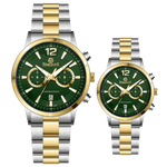 Branded wrist watch for men in pakistan. A pair of stainless steel watches with gold accents, one larger with chronograph and quartz movement, and a smaller one possibly for children or women with a similar design.