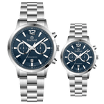 Branded couple wrist watches in pakistan. A pair of silver stainless steel watches with white dials and chronograph features.