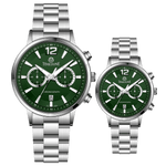 Branded couple wrist watches in pakistan. A pair of silver stainless steel watches with white dials and chronograph features.