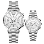 Branded couple wrist watches in pakistan. A pair of silver stainless steel watches with white dials and chronograph features.