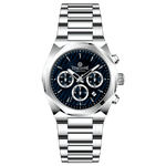 A silver stainless steel Timezone Watches branded watch with a chronograph movement, featuring a round dial with multiple subdials and a stainless steel band. Discover timezone watches: elegant branded wrist watch for men in pakistan.