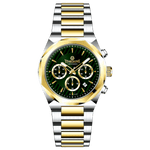 A Timezone Watches branded watch with a stainless steel band and a silver-colored dial featuring a chronograph movement, day-date display, and a gold-tone case.
