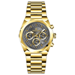A gold-toned chronograph watch with a stainless steel band and a silver dial featuring multiple sub-dials and a date display. Discover timezone watches: elegant branded wrist watches for men in pakistan.