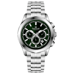A stainless steel timezone chronograph watch with a silver dial, multiple sub-dials, and a date display. Discover timezone watches: elegant branded wrist watches for men in pakistan.