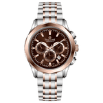 A stainless steel Timezone watch with a chronograph movement, a rose gold band, and a silver dial with rose gold hands. Discover timezone watches: elegant branded wrist watches for men in pakistan.