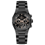 Branded wrist watches for men in pakistan. A black analog chronograph watch with a stainless steel band and a dial featuring multiple subdials and a date display.