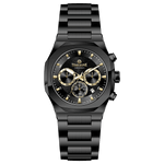 A black analog chronograph watch with a stainless steel band and a dial featuring multiple subdials and a date display. Discover timezone watches: elegant branded wrist watches for men in pakistan