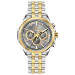 A stainless steel chronograph watch with a gold-tone band and casing, featuring a silver dial. Discover timezone watches: elegant branded wrist watches for men in pakistan.