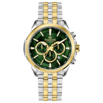 A stainless steel chronograph watch with a gold-tone band and casing, featuring a silver dial. Discover timezone watches: elegant branded wrist watches for men in pakistan.