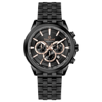 A stainless steel chronograph watch with a black dial, white casing, and a black band. The watch has a date display and multiple sub-dials for tracking time. Discover timezone watches: elegant branded wrist watches for men in pakistan.