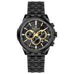 A stainless steel chronograph watch with a black dial, white casing, and a black band. The watch has a date display and multiple sub-dials for tracking time. Discover timezone watches: elegant branded wrist watches for men in pakistan.
