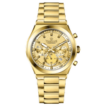 Branded wrist watch for men in pakistan. A gold-colored stainless steel watch with multicolor accents, featuring a chronograph display.